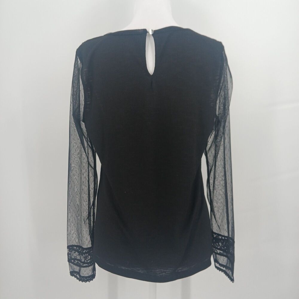 New York & Company Soho Jeans Sheer Mesh Sleeve Top Womens S Black Boho Chic - Picture 2 of 6